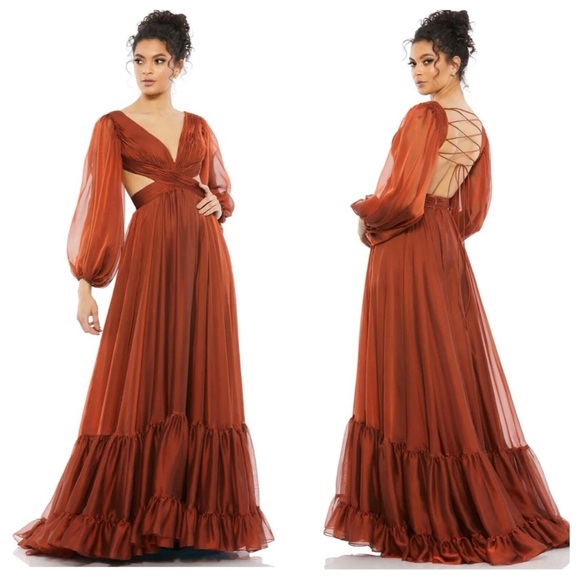 Mac Duggal 67948 Copper Pleated Cut Out Long Sleeve Lace Up Tiered Gown 2 - Picture 1 of 9
